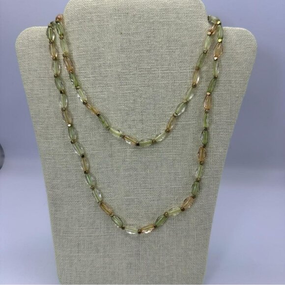 Lenox Jewelry - Lenox Iridescent Glass Beads‎ Green Peach Clear Tones Gold Iridescent Necklace